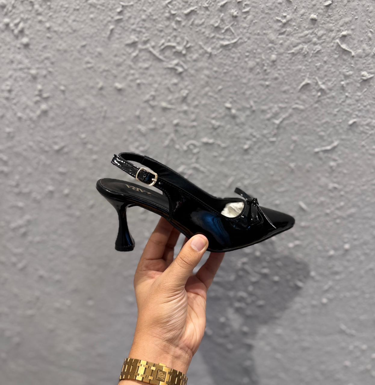 ZARA Black Glossy Bow Heels