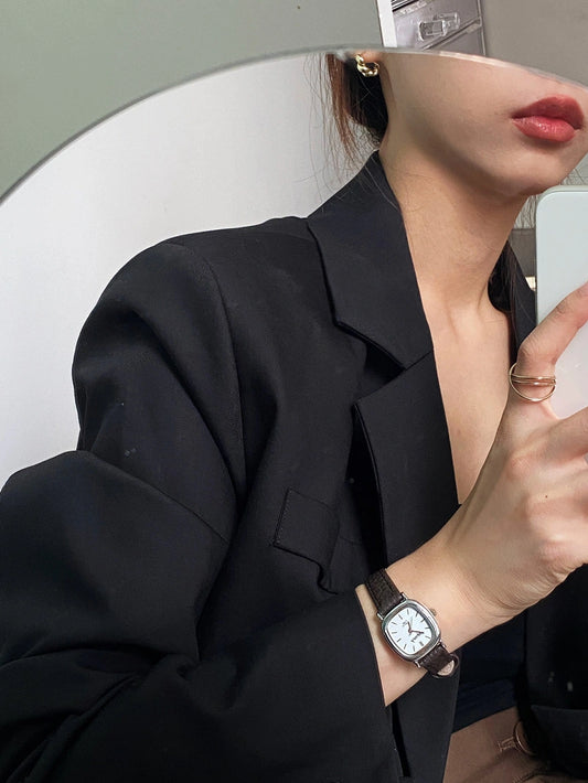 Retro Korean Square Watch for Women – Elegant Leather Strap