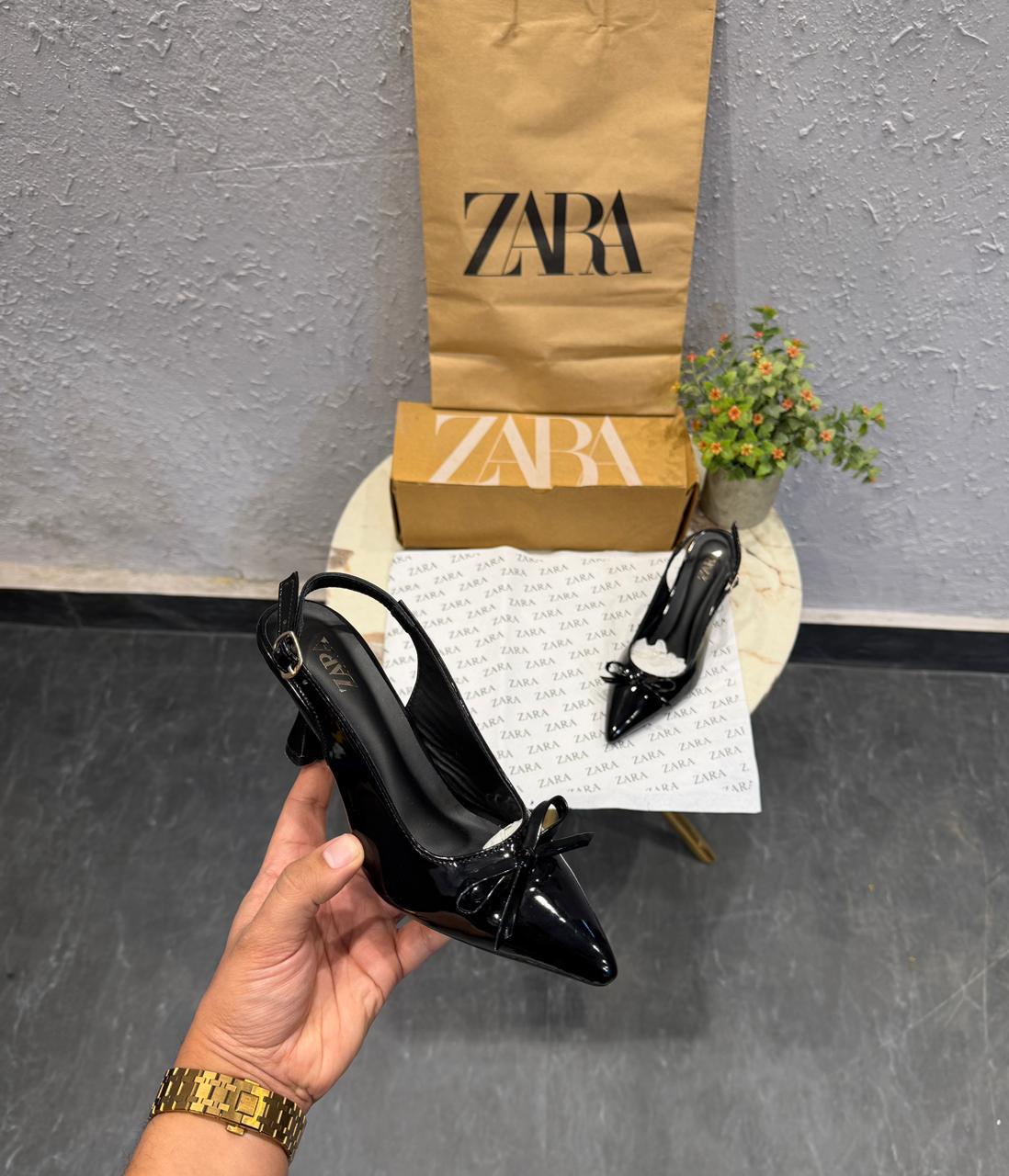 ZARA Black Glossy Bow Heels
