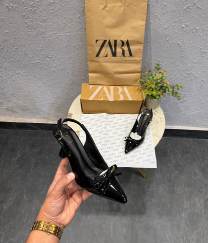 ZARA Black Glossy Bow Heels