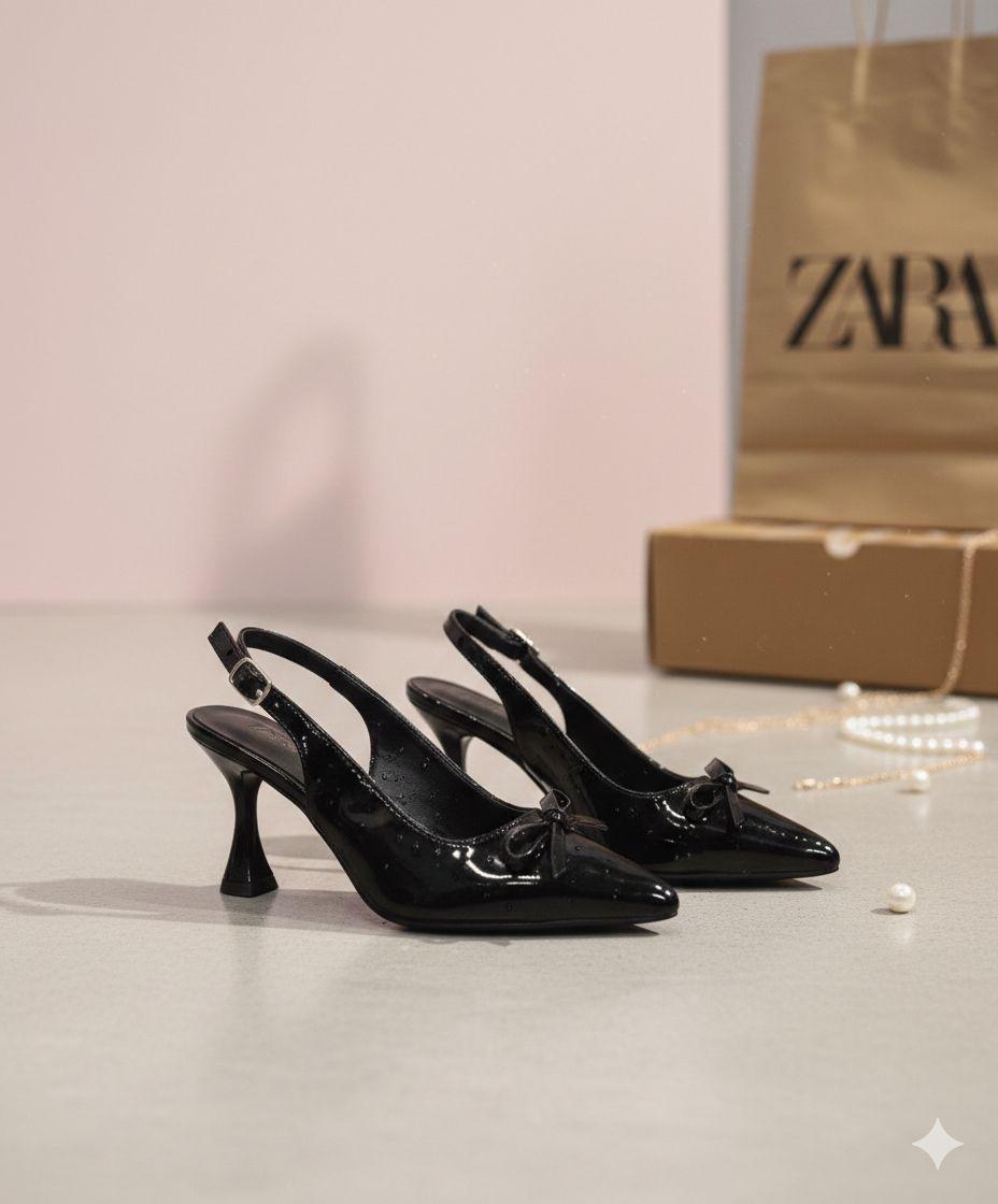 ZARA Black Glossy Bow Heels