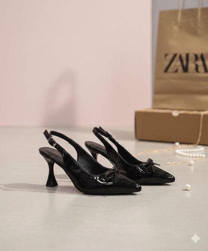 ZARA Black Glossy Bow Heels