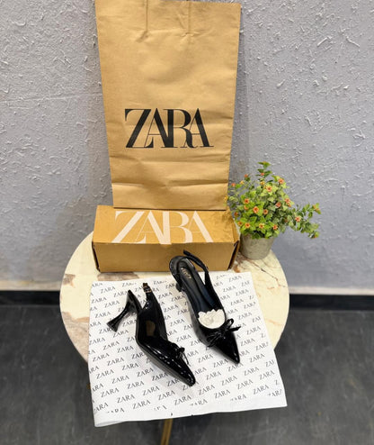 ZARA Black Glossy Bow Heels